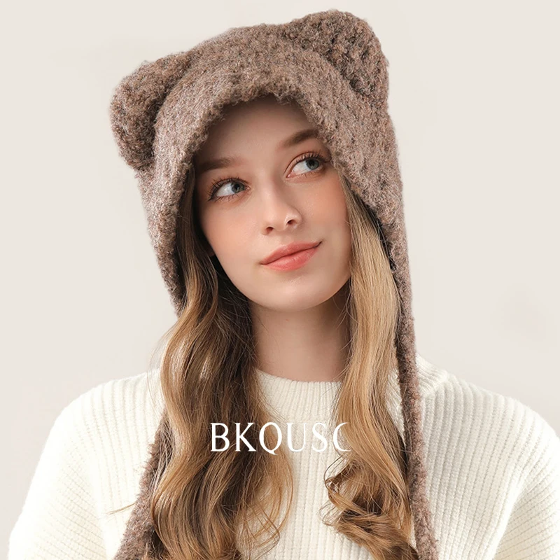 Cute Bear Ear Knitted Women's Beanies Hats Winter Warm Solid Color Soft Large Size Highly Elastic Lace-up Woman Balaclava Hat