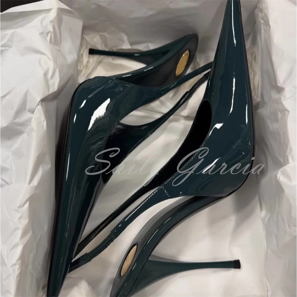 

French Style Pointed Toe Pumps Women Sexy Stiletto Heel Elegant Slingback Solid Color Patent Leather Banquet Party Dress Sandals