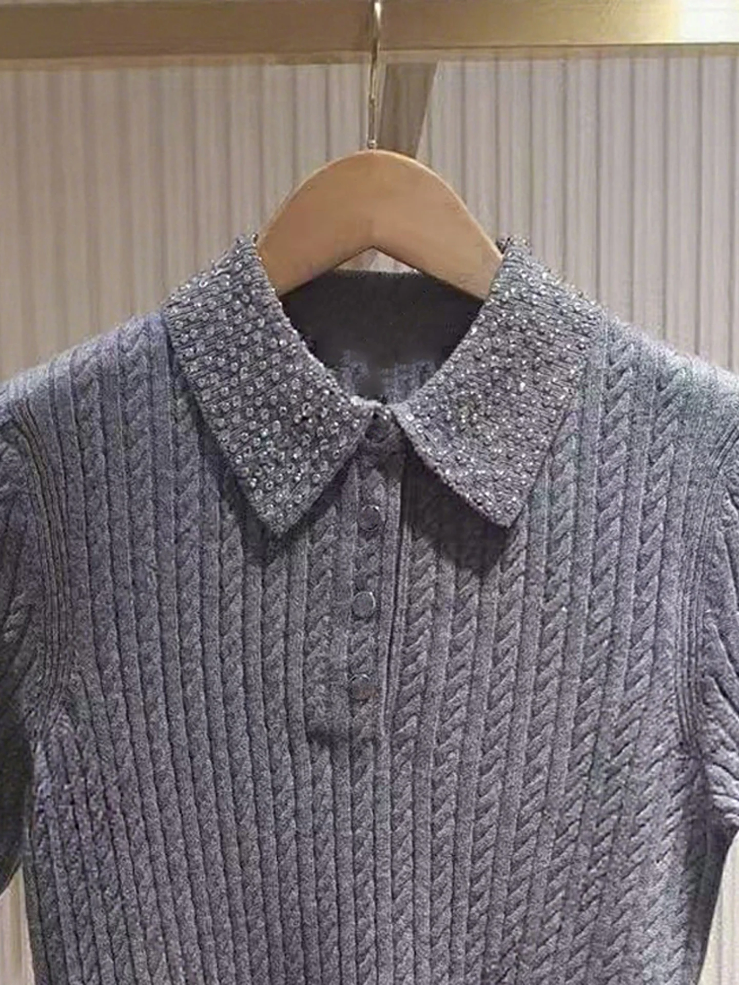 

M Home South Oil High End Women's ey Diamond Embedded Ne Knitted Sweater 2025 Autumn New Sle Commute Simple Design