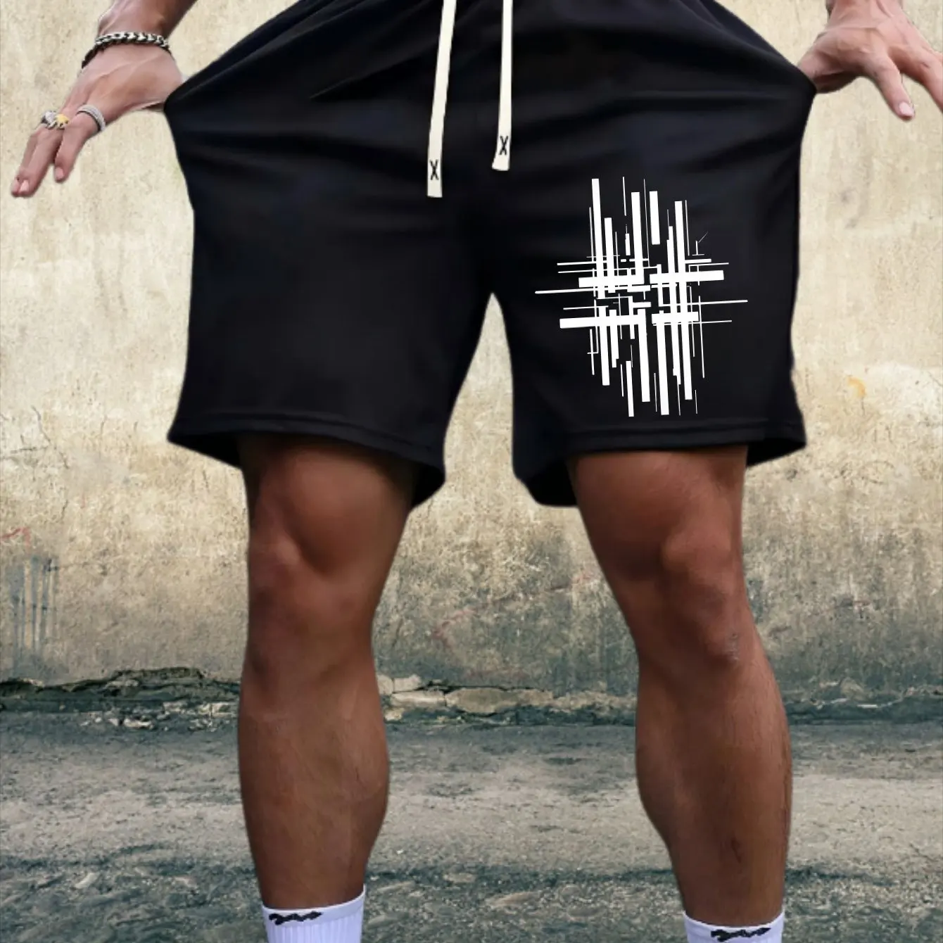 Abstract geometric line printed men's shorts, summer casual home outdoor jogging breathable quick drying printed bottom pants