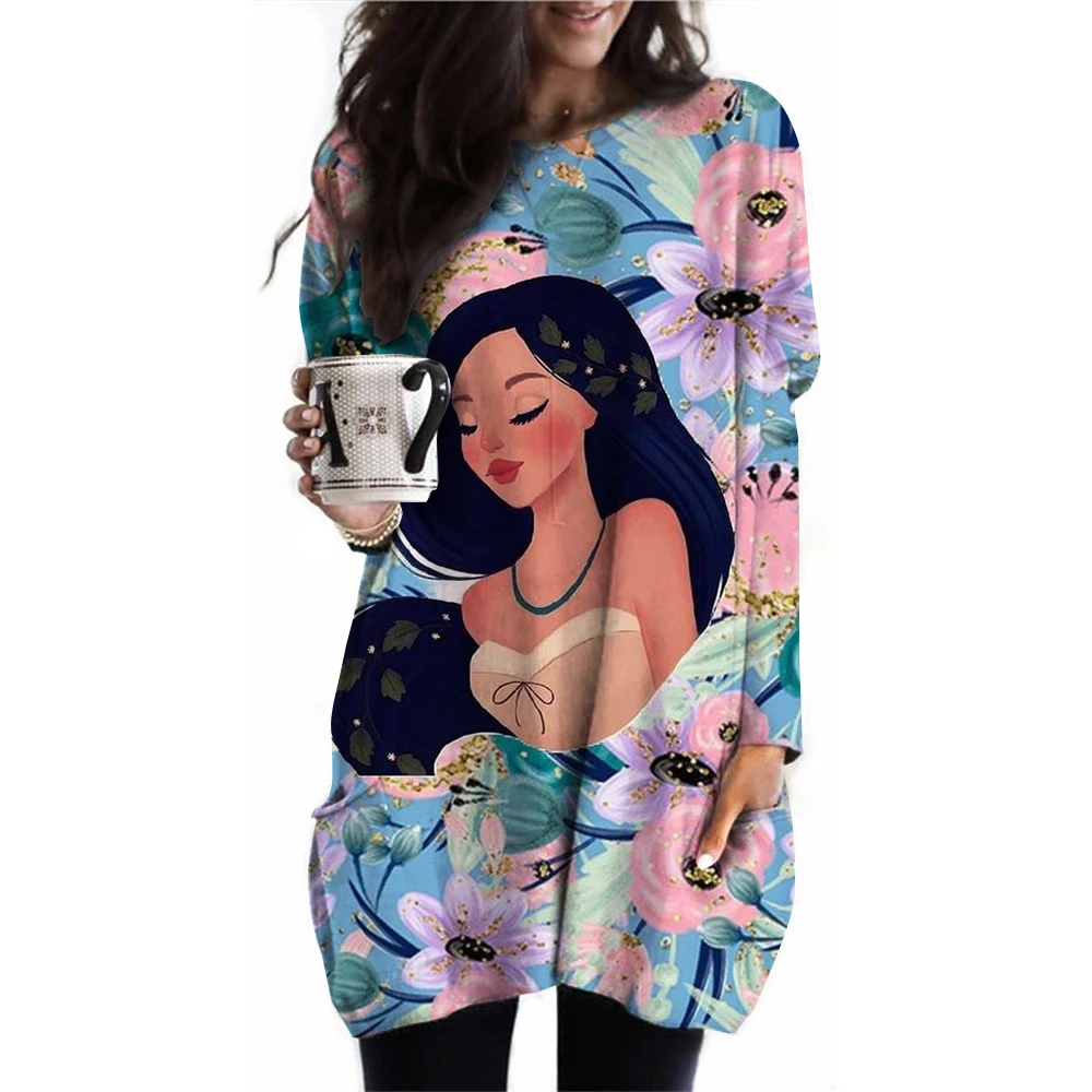 2024 New Women\'s Round Neck Long Sleeve T-shirt Disney Princess Printed Long Sleeve Pocket T-shirt Women\'s Casual Street Clothin