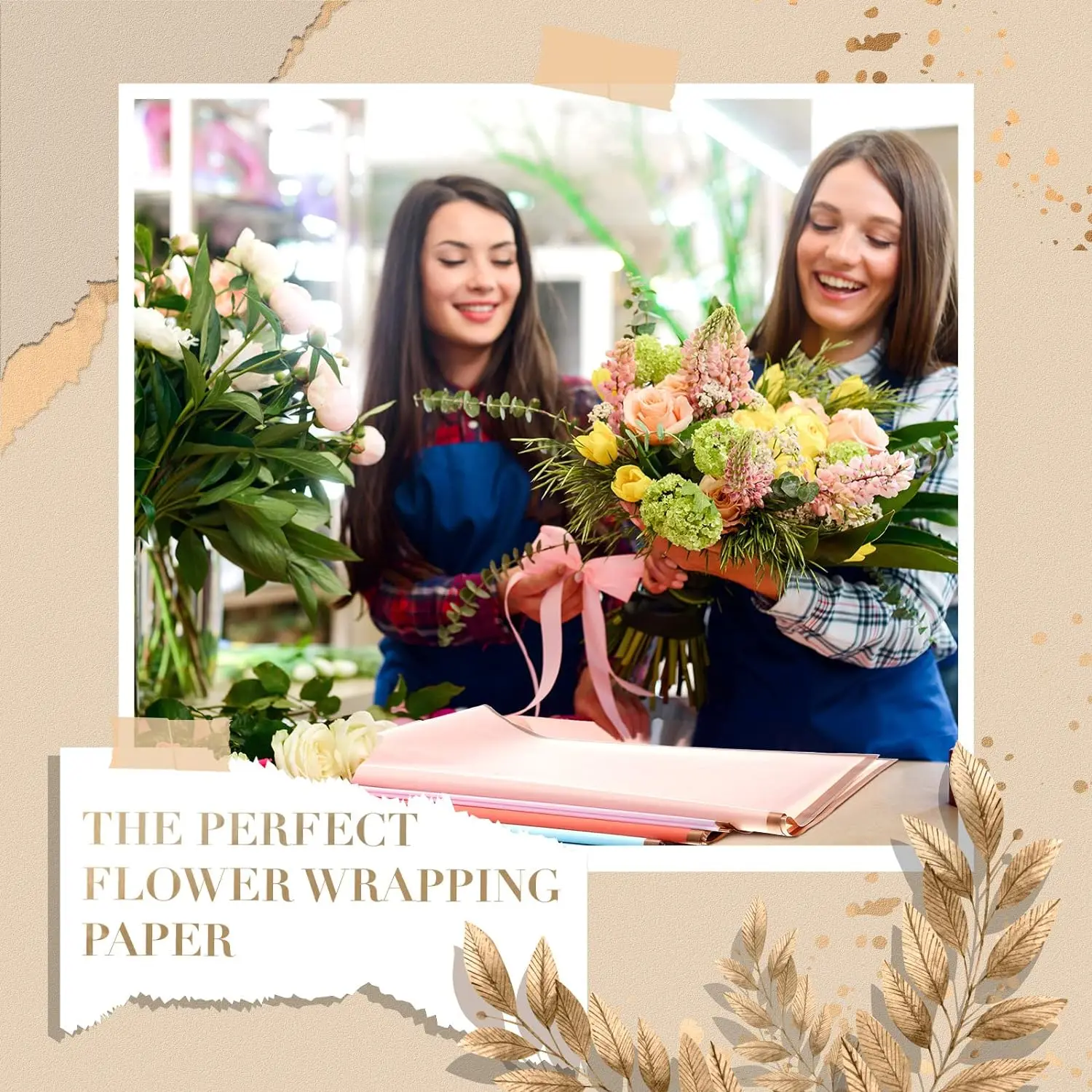 Papel de envolver de flores con borde dorado, suministros de ramo de flores coloridas, papel de envoltura de regalo de floristería impermeable, 20