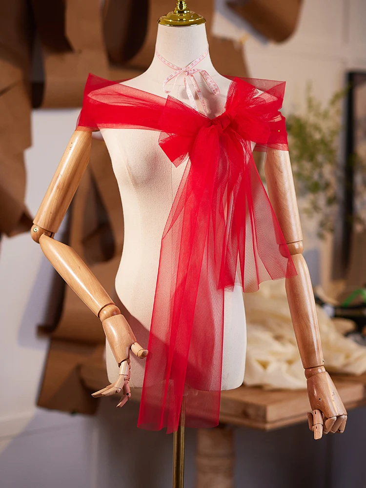 レッドサッシュロングソフトチュールウェディングドレスヘッドピースセレモニーフォト撮影飲酒式アクセサリーハイエンド