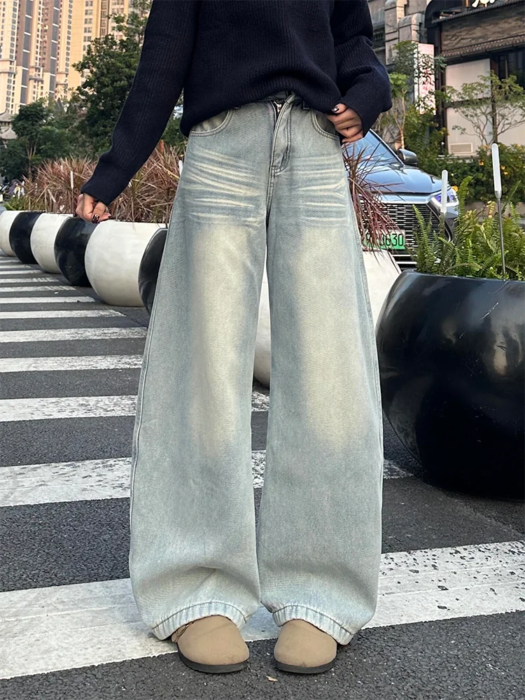 

plus Size American Retro Embroidered Denim Pants Women's Autumn Winter New Style Pocket Wide Leg Straight Loose Slimming Trou...