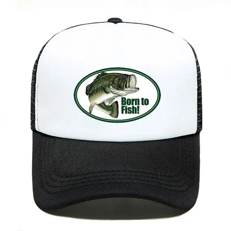 Born To Fish Round Oval Printing Mesh Soft Dad Hats Big Mounth Bass Fishes Trucker Hat Adult Fishing Fans Caps Hat