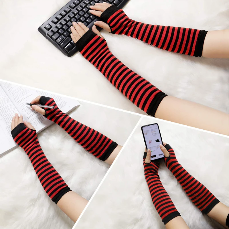 New Winter Warm Long Sleeves Gloves for Man Women Fingerless Stripe Hip-Hop Punk Korea Knitted Elbow Mittens Elastic Warmer Arm