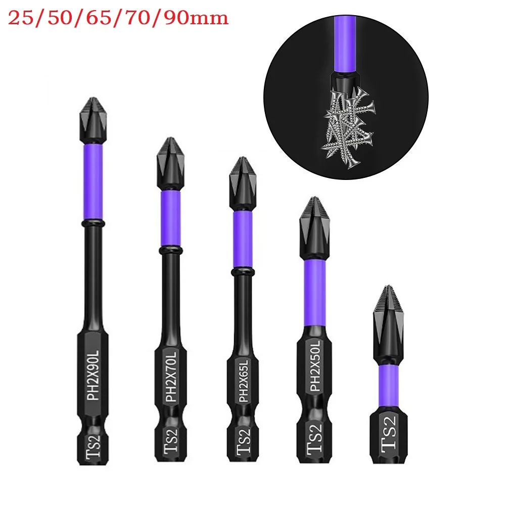 5PCS Non-slip PH2 Magnetic Batch Head Cross Screwdriver  Drill Bit 25-90mm High Hardness Non-Slip Impact-Bits Cross Screwdriver