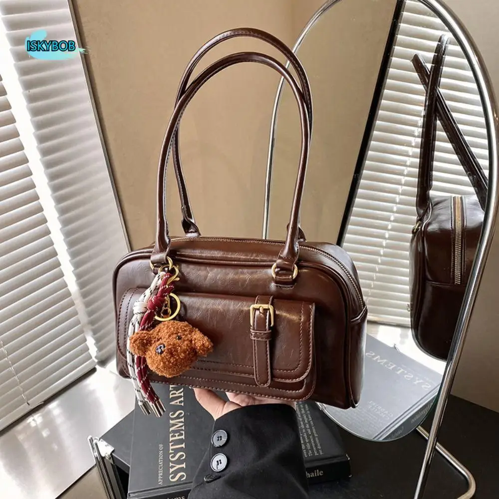 

Korean Style PU Bowling Bag Solid Color Minority Design Pocket Boston Tote Bag French Style Handbag Underarm Bag Travel