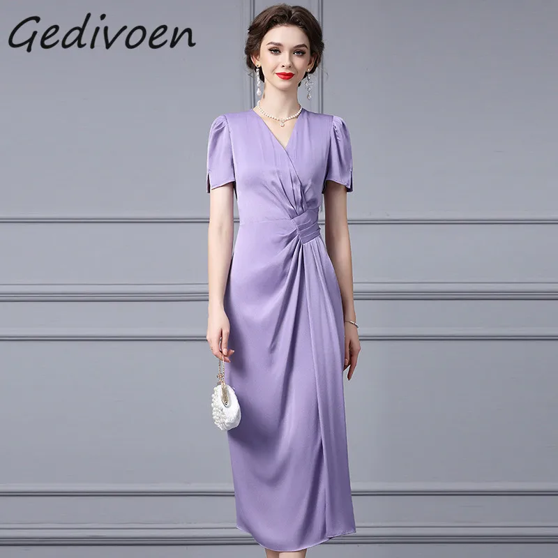 Gedivoen Summer Fashion Runway Elegant Temperament Dress Women V-Neck Ruched  Gathered Waist Party Irregularity Slim Long Dress