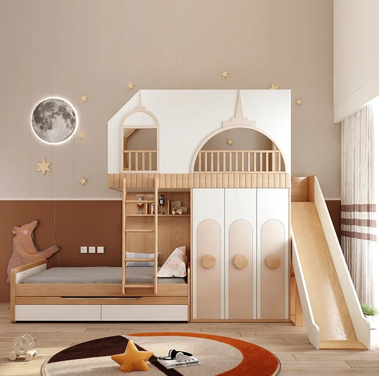 Castle wind children's solid bed with wardrobe high and low bed with slide high guardrail