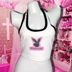 Y2K PlayGirl Halter Tank Tops Vintage Spice Girl Printed Rabbit Egirl Crop Top  Unique Top T Shirt