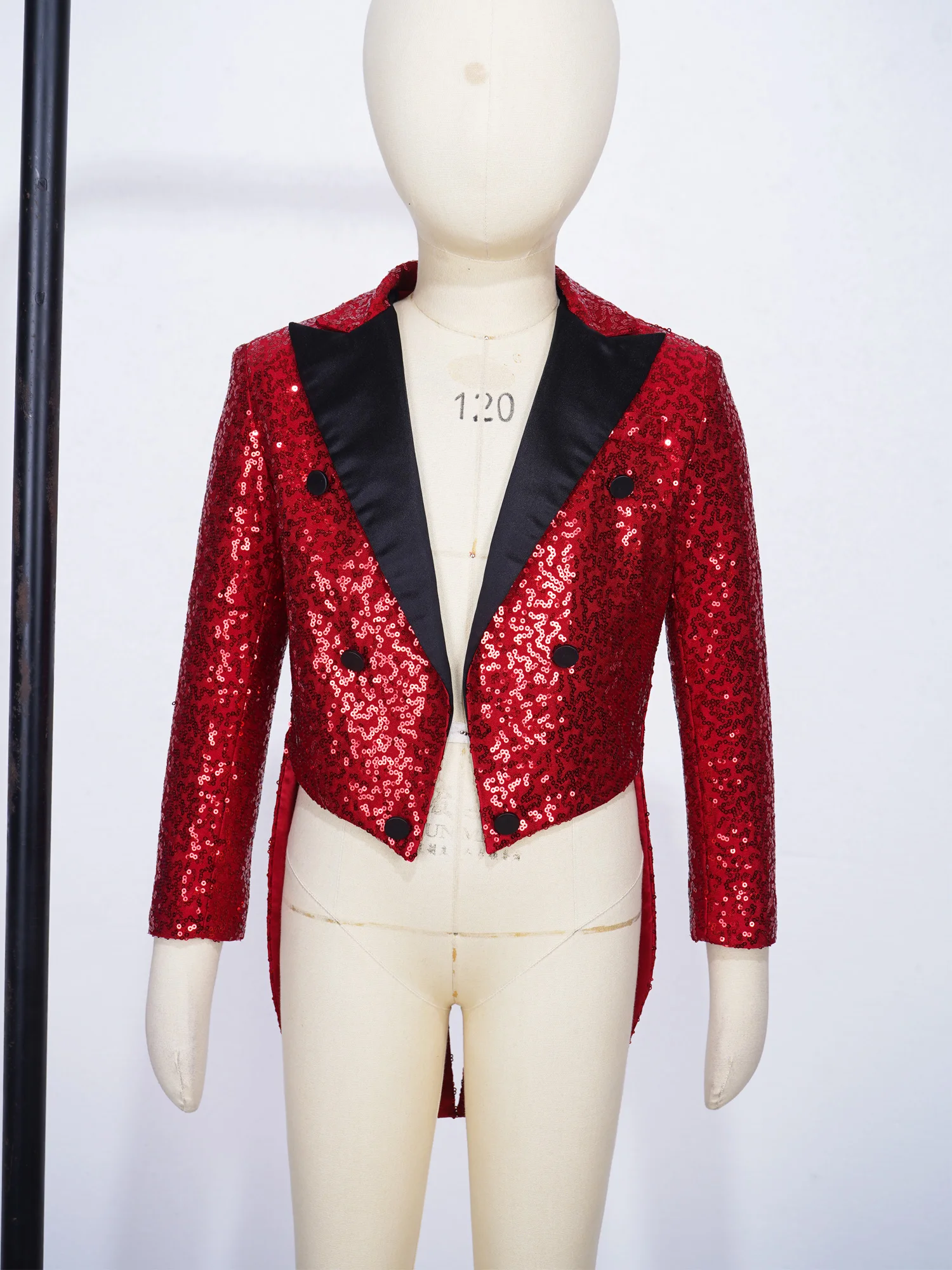 Kids Boys Full Sequin Tailcoat Satin Peaked Lapel Open Front Long Sleeve Blazer for Magic Shows Performance