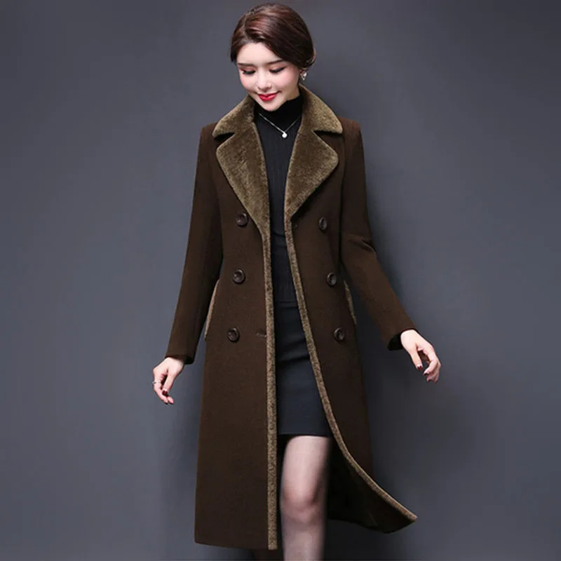 

New Women Blends Wool Coat Autumn Winter Fashion Mother Thicken Cashmere Collar Long Jacket Outerwear Female Woolen Jacket 6XL