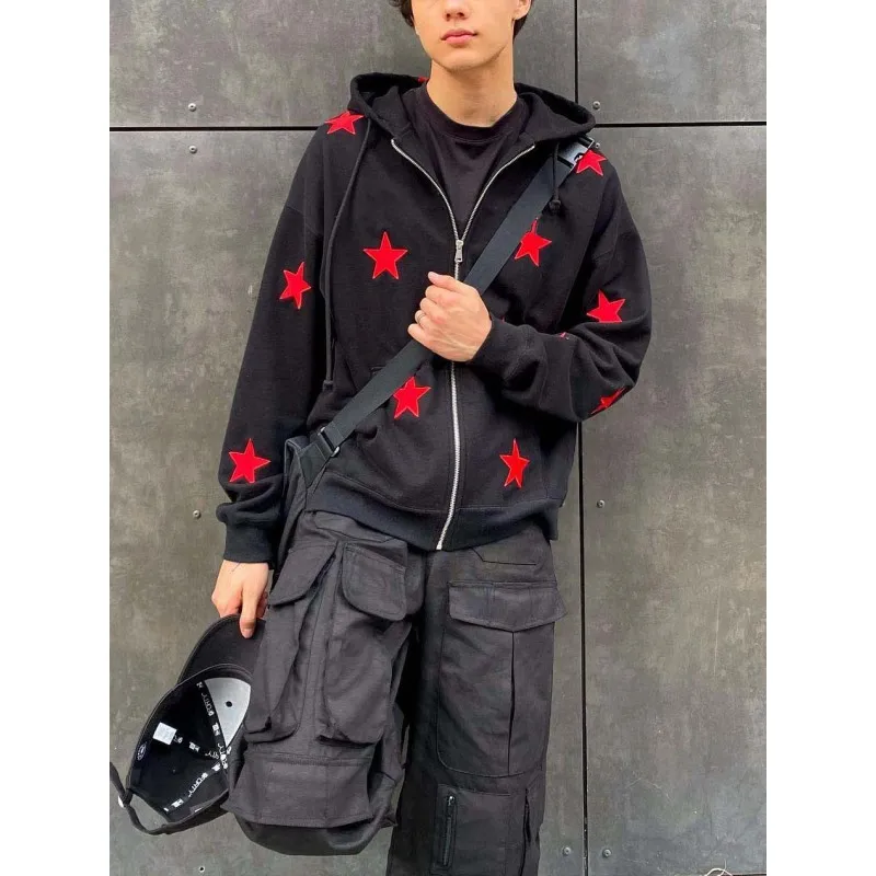 2026 Autumn New Fashionable Street Personalized Embroidery Star Zipper Commuter Men's Loose y2k Hoodie