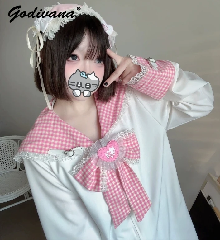 

Original New Autumn Sailor Collar Plaid Big Bow Zipper Cardigan Jacket Contrasting Color Subculture Women's Hoodie Coat Outwear