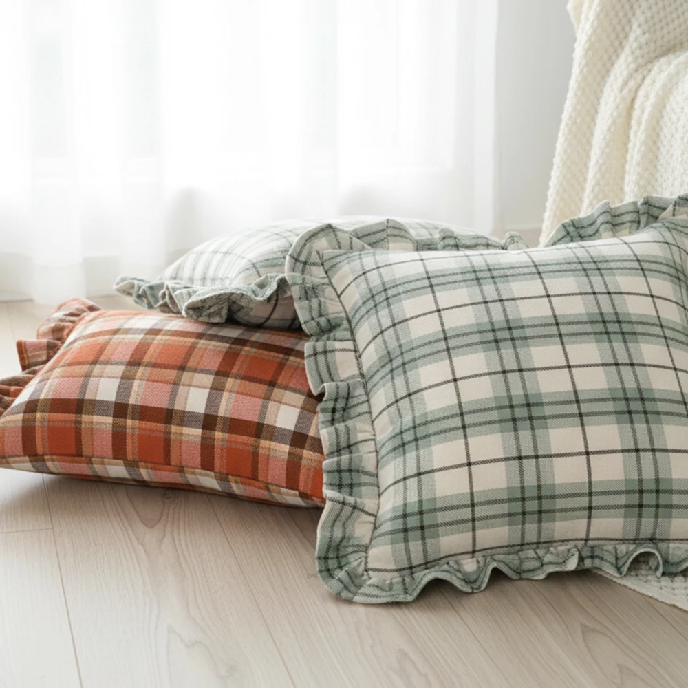 BUYNOW 1 STÜCK Zweifarbiger karierter Spitzenkissenbezug Britischer Vintage-Stil Countryside Cottage Sofa Kissenbezug Home Schlafzimmer Bett Dekor – Detail 8