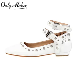 Onlymaker Women White Square Toe Buckle Strap Mary Jane Flats  Elegant Big Size Daily Flats Pumps