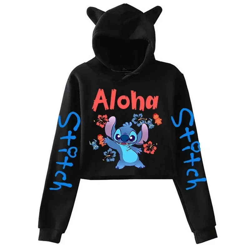 Kawaii lilo and Stitch Disney Hoodie Crop Top Women Sweatshirt Kids Boys Girls Harajuku Streetwear Clothes Hoodies Cropped