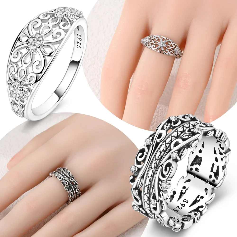

925 Sterling Silver Intricate Floral Rattan Ring Fine Jewelry Lady's Anniversary Gift Set Flower Rings Accessories