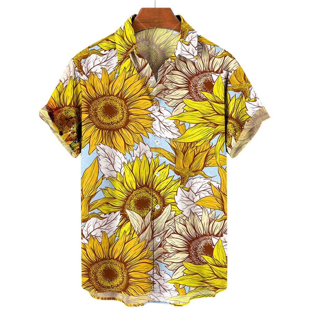 Camisas hawaianas para hombre, camisas con solapa y estampado de girasol, Tops de manga corta a la moda, ropa holgada de gran tamaño, 2023