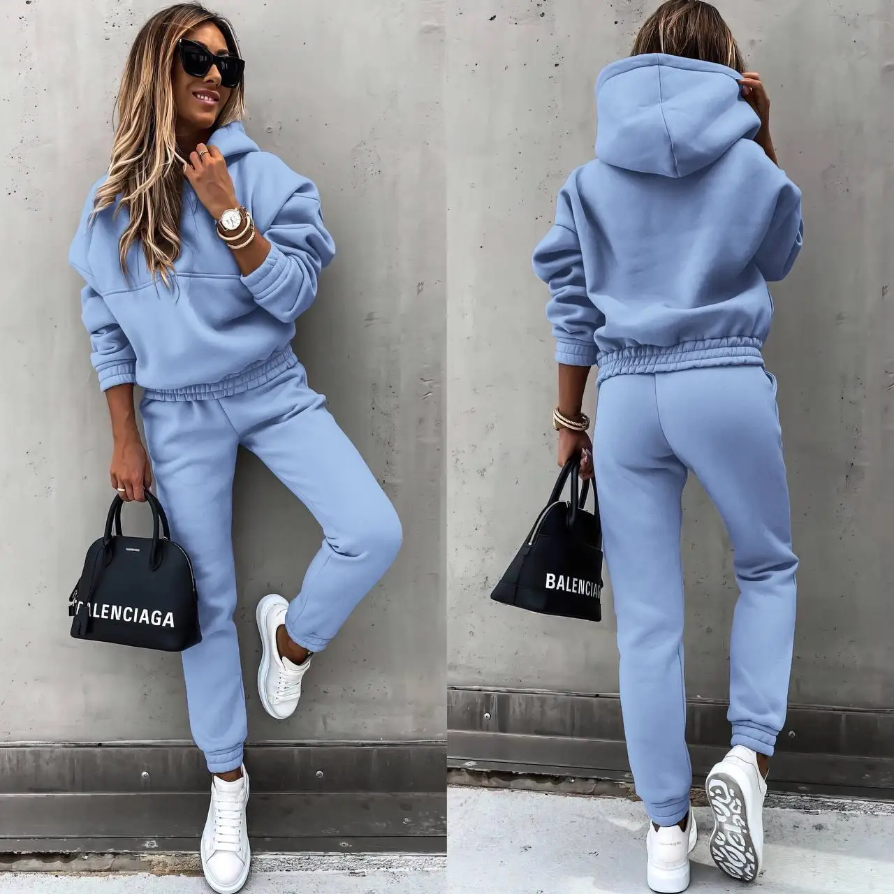 Hoodies Suit Autumn Winter Solid Casual Tracksuit Women Fleece 2 Pieces Set Sports Sweatshirts Pullover Jogger Sweatpants Outfit