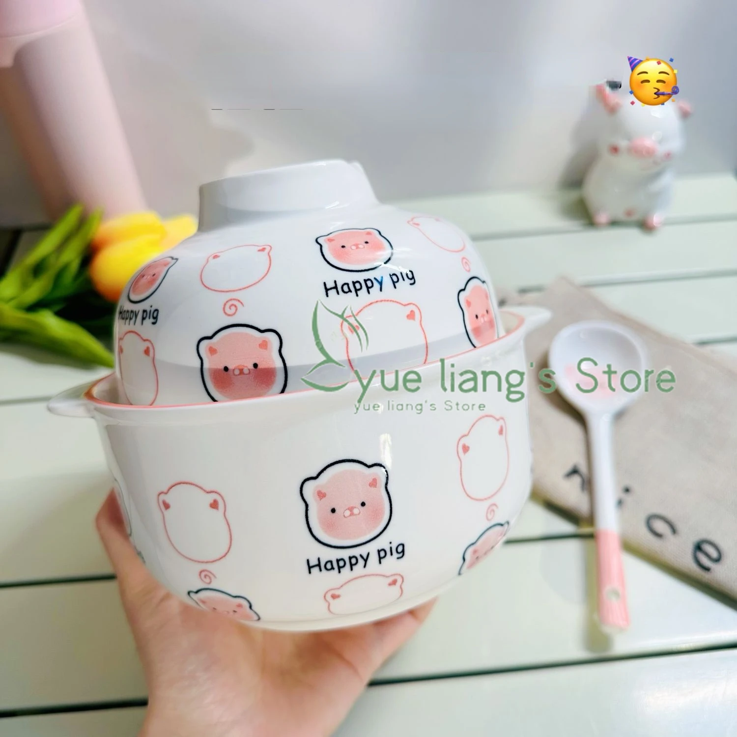 

900ML Happy Piggy Pig Noodles Bowl, Ceramic with Lid for One Person To Eat, Cute Girl Tableware Underglaze Color Set