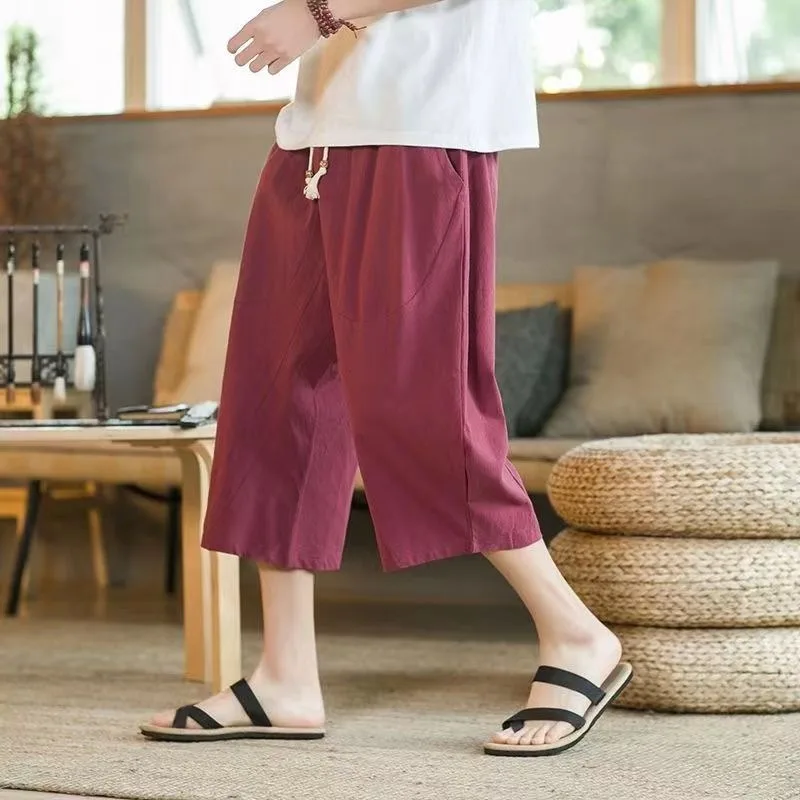 Summer Thin Beach Cotton Linen Casual Shorts Men Japenese Wide Leg Baggy Capris Pants Male Sport Running Shorts 2025 New