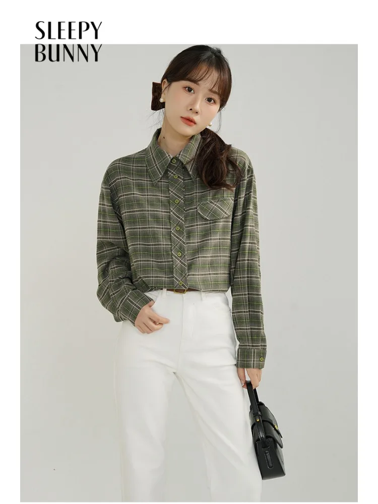 

Vintage Plaid Collar Shirt Women Lady Soft Brushed Blouse Loose Fit Spring Jacket Style Casual Checkered Outerwear Daily Outfit