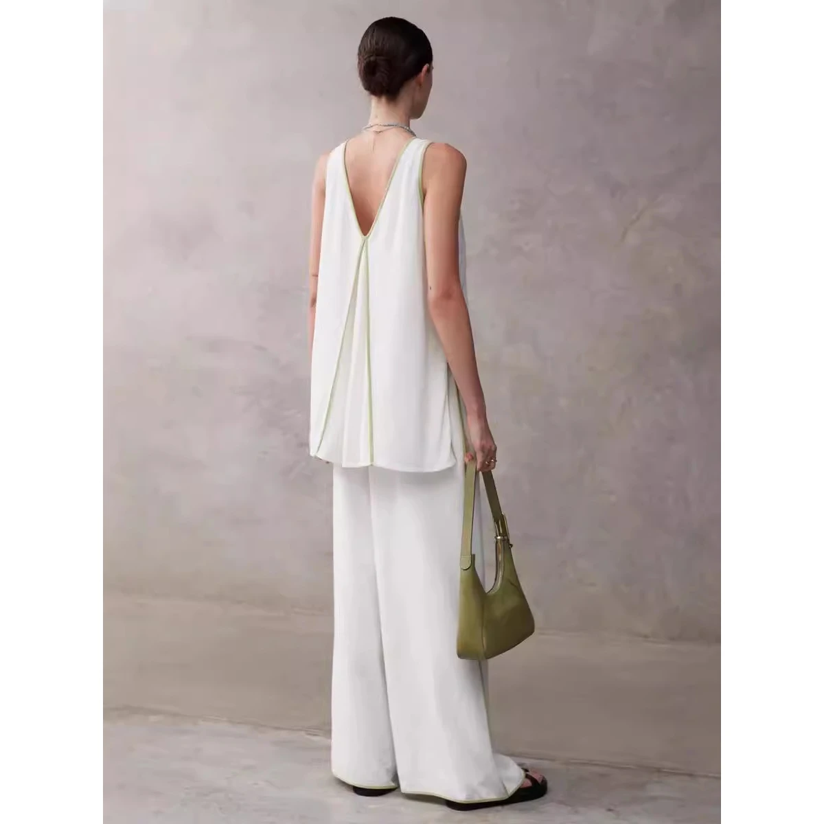 Fashionable Minimalist V-Neck Color Block Set Vest Wide Leg Pants High-End Pants Set Cross-Border Wish British Style Polyester