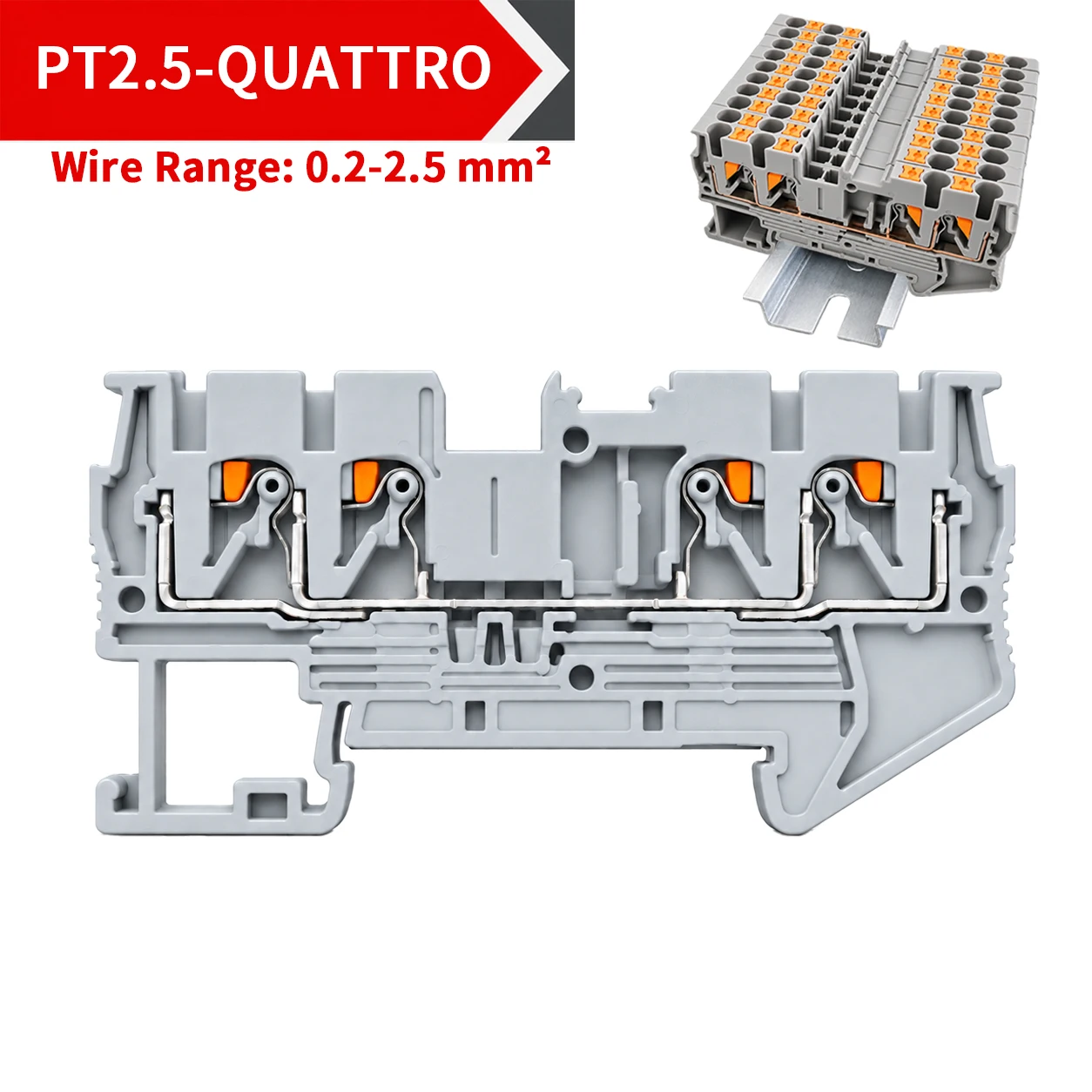10Pcs DIN Rail Terminal Block PT2.5 QUATTRO 4-Conductor Push-In Spring 0.2-2.5mm2 24A 800V Screwless Electrical Wire Connector