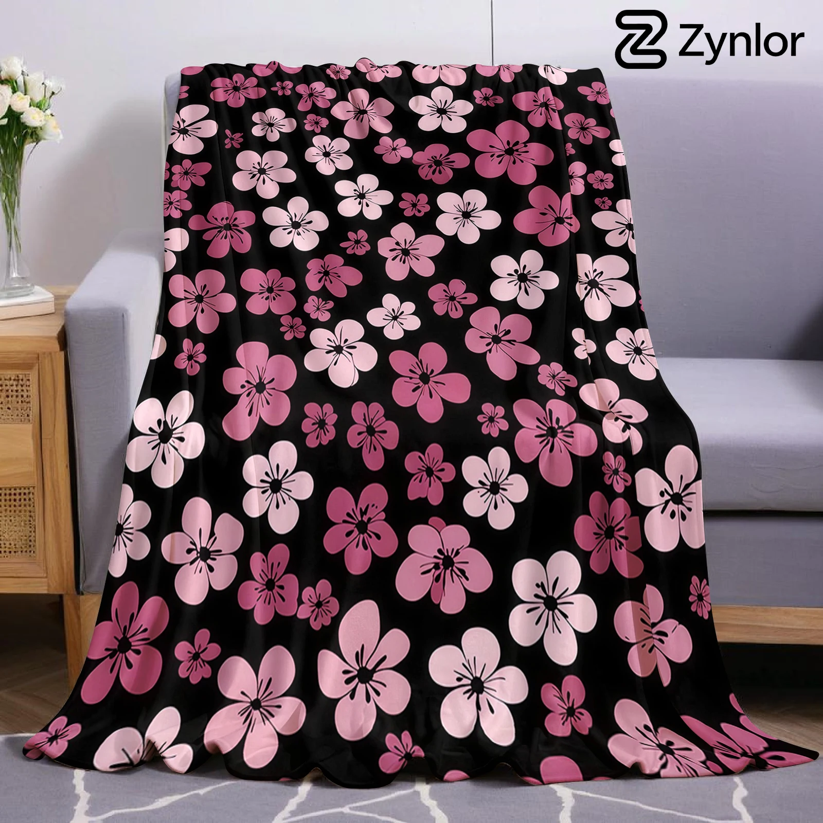 Black Pink Cherry Blossom Christmas Fleece Throw Blanket Soft Warm Cozy Xmas Home Decor for Bed Sofa Couch Holiday Present