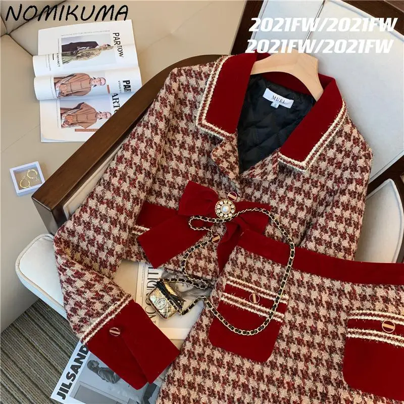 Nomikuma Fashion Plaid 2pieces Sets Chic Bowknot Long Sleeve Short Coat + High Waist A-line Mini Skirt Korean Outfits 2023 New