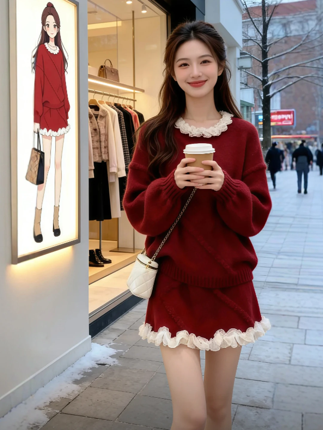 

Красный вязаный комплект из топа и юбки: нежный, уникальный и красивый зимний женский наряд, удобный свободный крой, круглый вырез