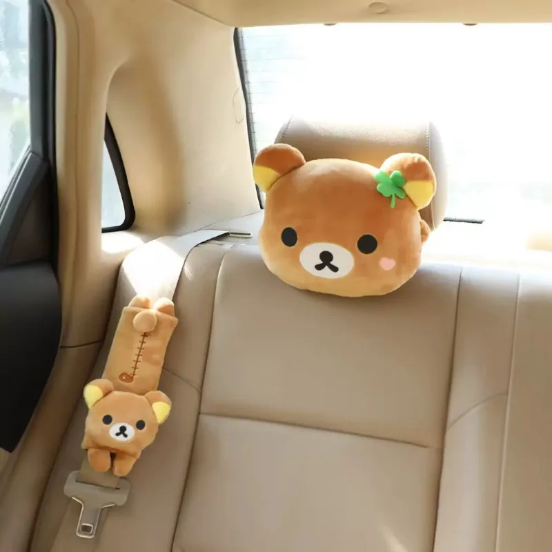 New Soft Bear Rilakkuma Car Headrest Neck Pillow & Seat Belt Cover, All-Season Car Interior Decoration Daily Necessities