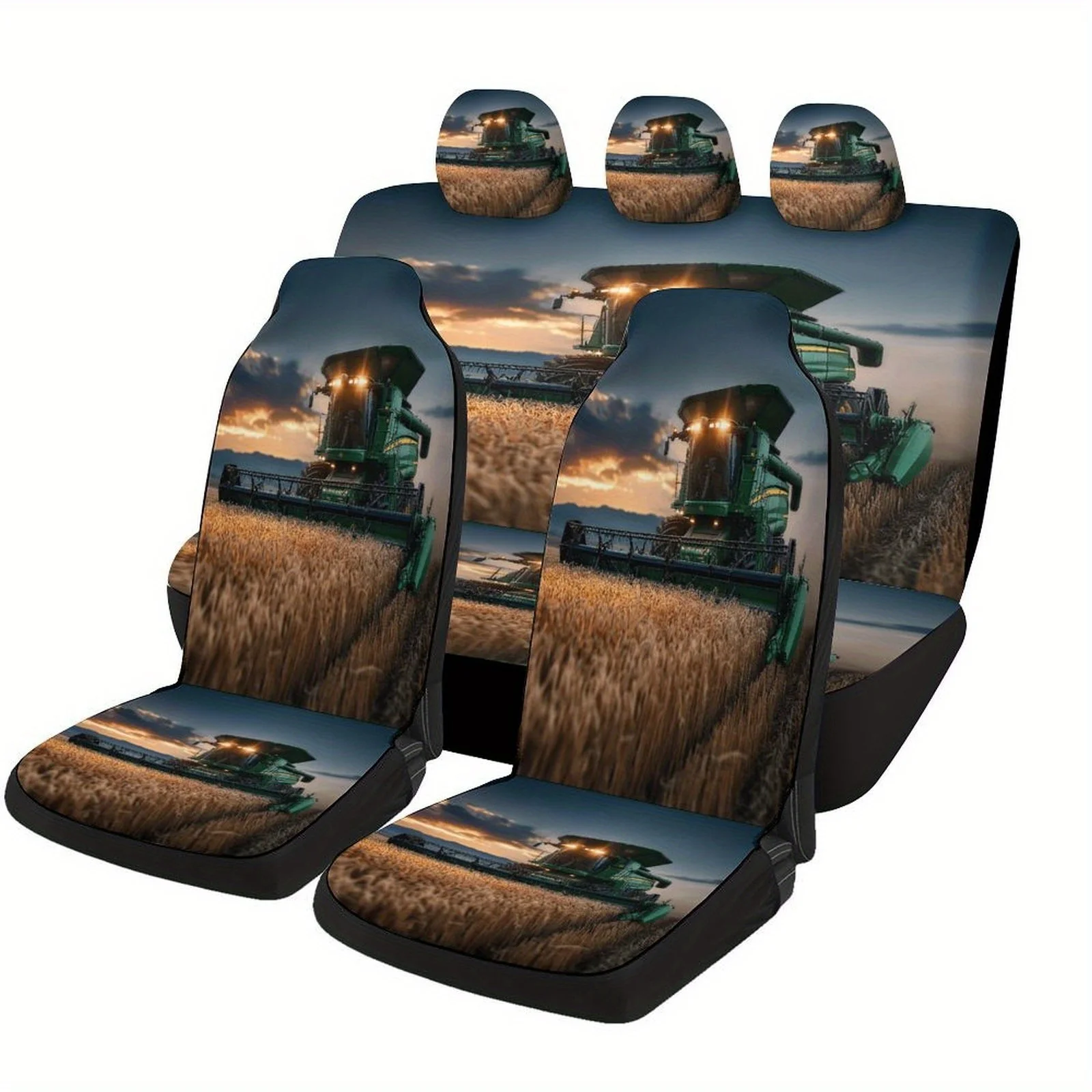 Harvester Field Sunset Themed Car Seat Cover Set For Most Cars, Decorative Trendy High-quality Car Seat Protector Covers Full Se