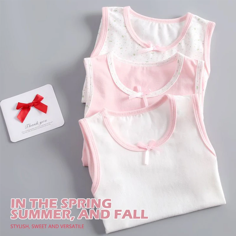 2024 Summer Girls Tanks Halter Solid Color Camisoles Floral Cotton Kids Underwear Casual Strappy Tops Bow Tie Square Collar