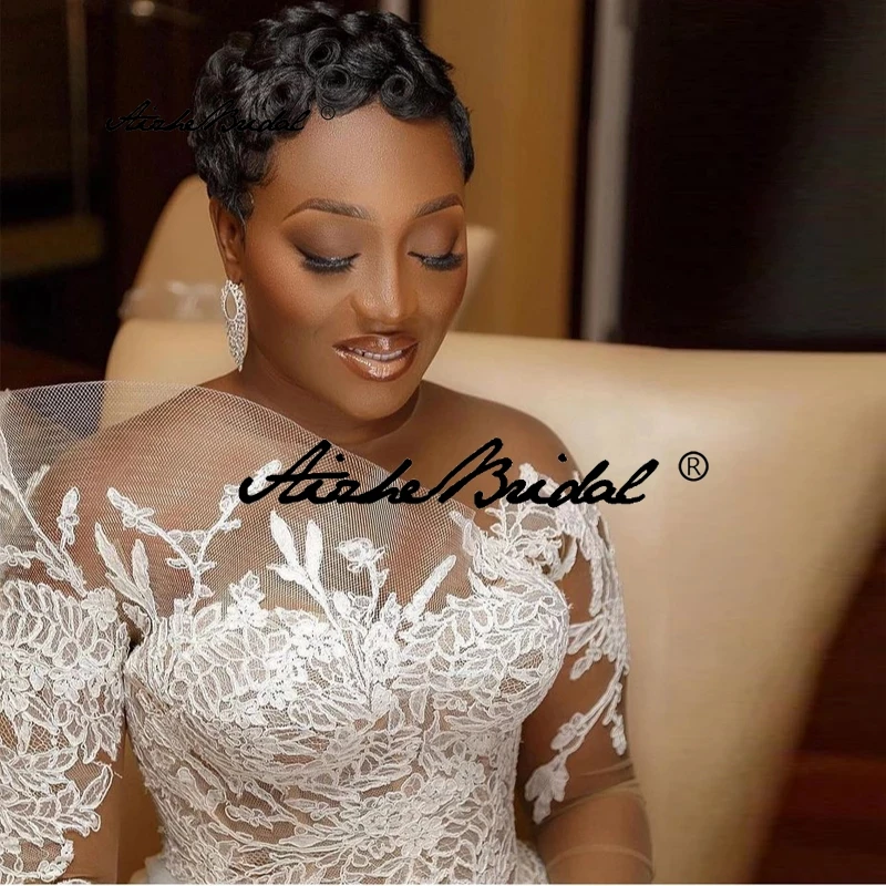 Plus Size Elegant Illusion O Neck Beach Wedding Dress Appliques Full Sleeves Side Split Bridal Dresses