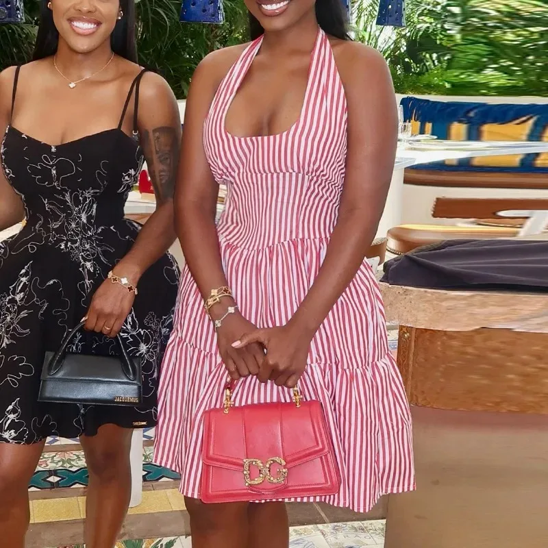 

Women's Stripes Print Halterneck Sleeveless A-Line Mini Dress, Backless