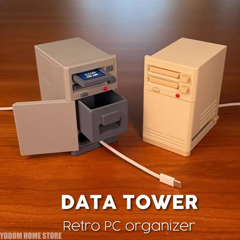 3D Printed DATA TOWER Retro PC Organizer for SD TF Card Charging Cable Sundries Storage Desktop Decoration