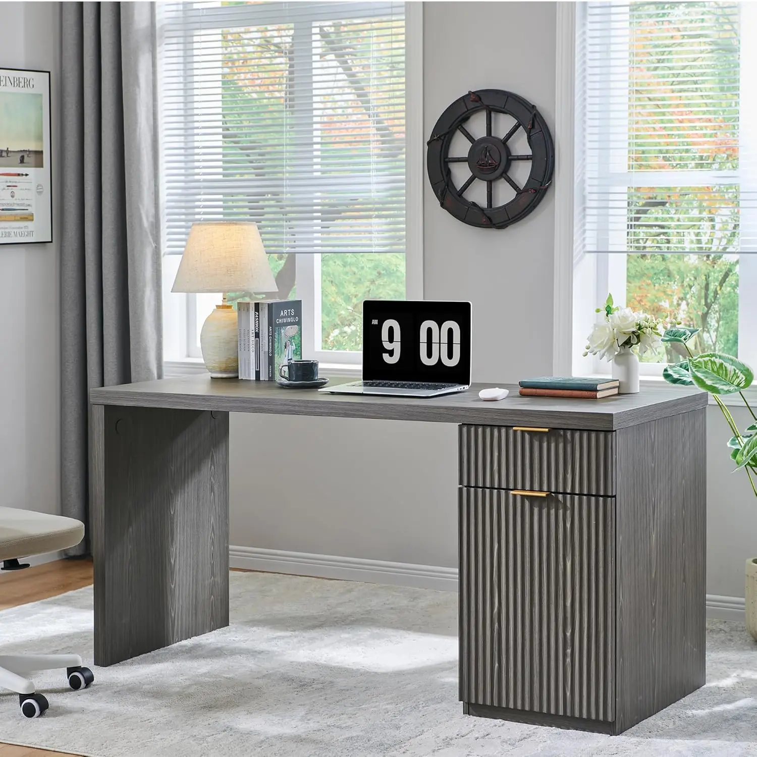 

60" Modern Executive Desk with Storage, Wood Home Office Desk with Drawer & Cabinet, Fluted Computer Writing Desk, Customized