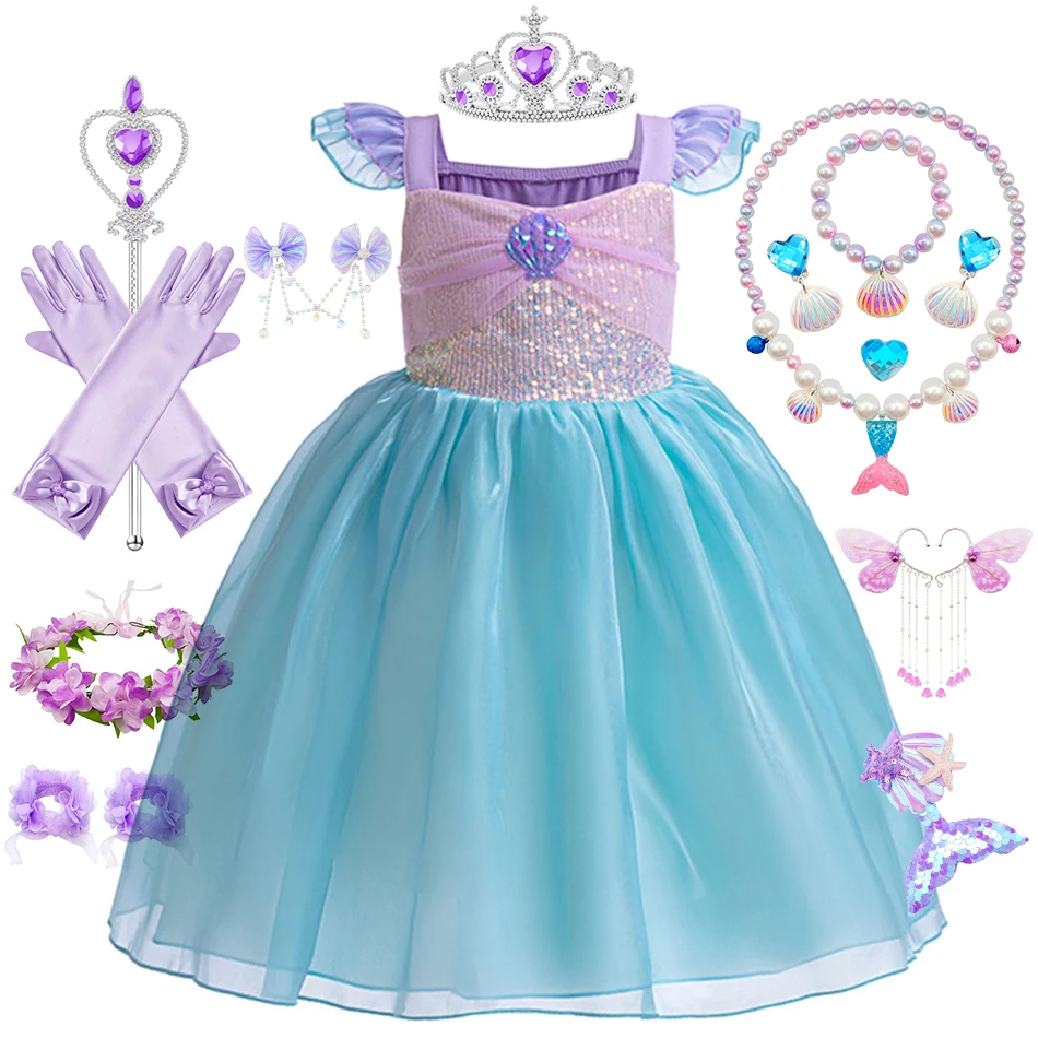 Vestido de princesa de Cosplay de sirena para niños, disfraz de lentejuelas de tul de Ariel, vestido de fiesta de cumpleaños para niños, ropa elegante para niñas