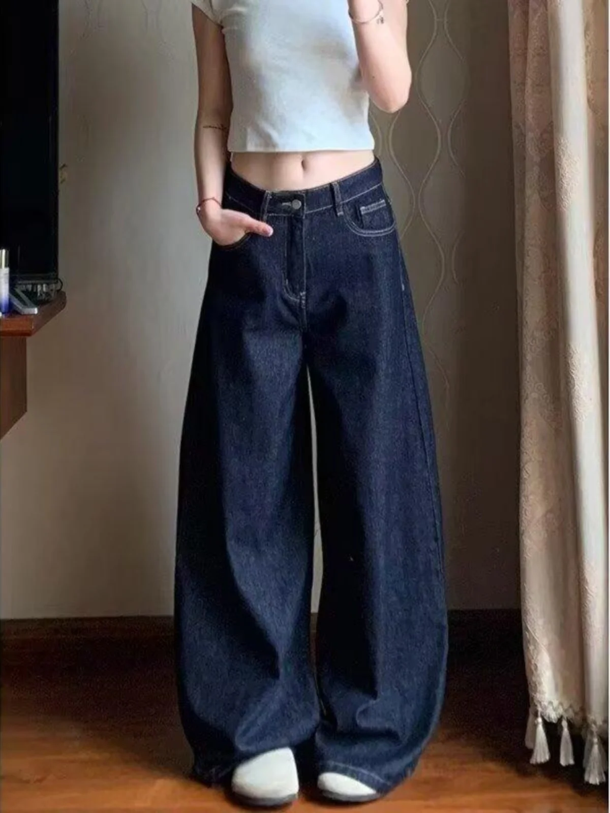 

Deep Blue High Waist Straight Leg Jeans Women's Spring Autumn Loose American Retro Wide Leg Pants Floor-Length Trousers