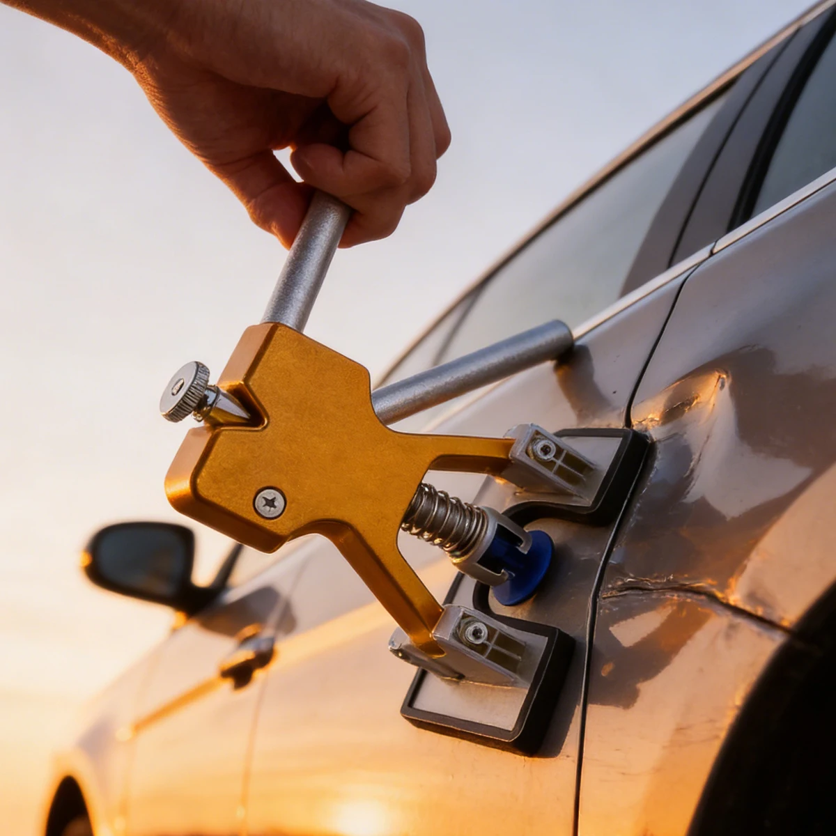 

Набор инструментов для удаления вмятин на автомобиле: специализированный комплект для ремонта кузова, механический выпрямитель вмятин, аксессуары для гаража