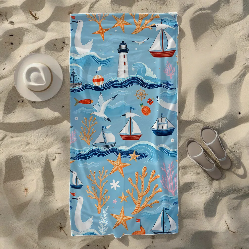 Marine Nautical Pattern Beach Towel, Soft Quick-Drying, Perfect For Portable Outdoor Travel, Swimming, Camping And Summer Beach