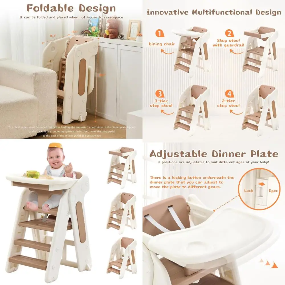 Adjustable Height Toddler Step Stool with Safety Rail and Removable Tray, Multifunctional Folding Kitchen & Bathroom Helper (Kha