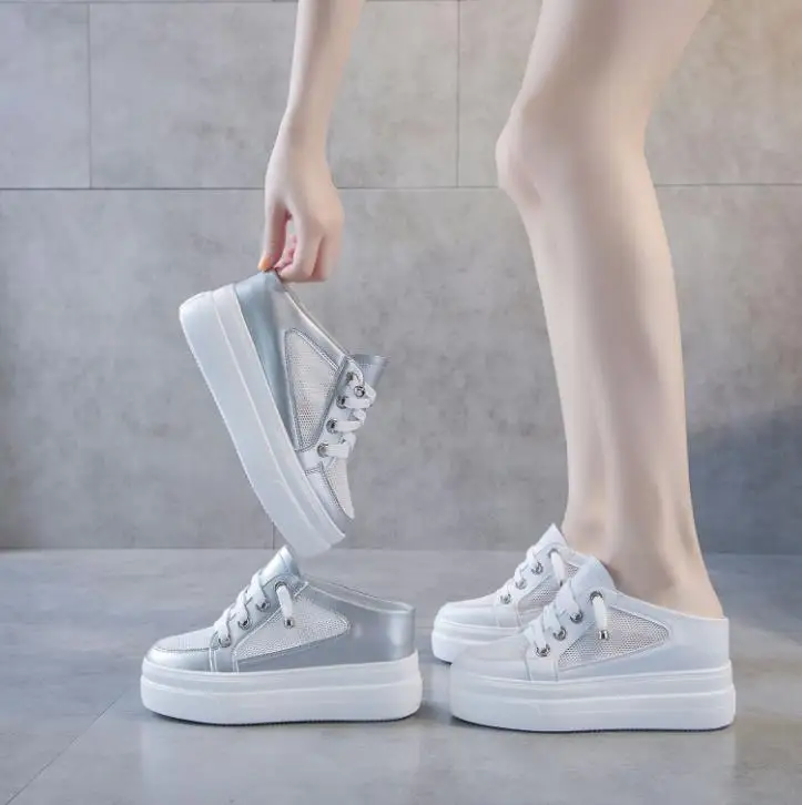 عالية العلامة التجارية 8 سنتيمتر منصة النعال حذاء بكعب ويدج المرأة الصيف منصة عالية الترتر النعال الهواء شبكة تنفس أحذية الصيف النساء