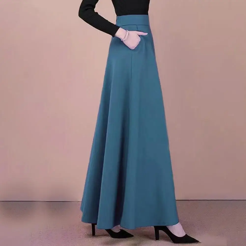 High-waisted Long Skirt Women’s Maxi Skirt with Pockets Elastic High Waist A-line Long Skirt Solid Color Office Lady Large Hem