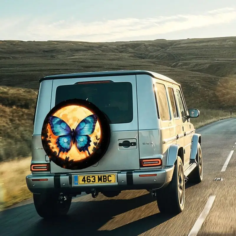 

Dreamy Blue Butterfly Pattern Polyester Fiber Tire Cover, Universal Fit For SUVs, Pickups, And Cars With Sparkling Moon And Star