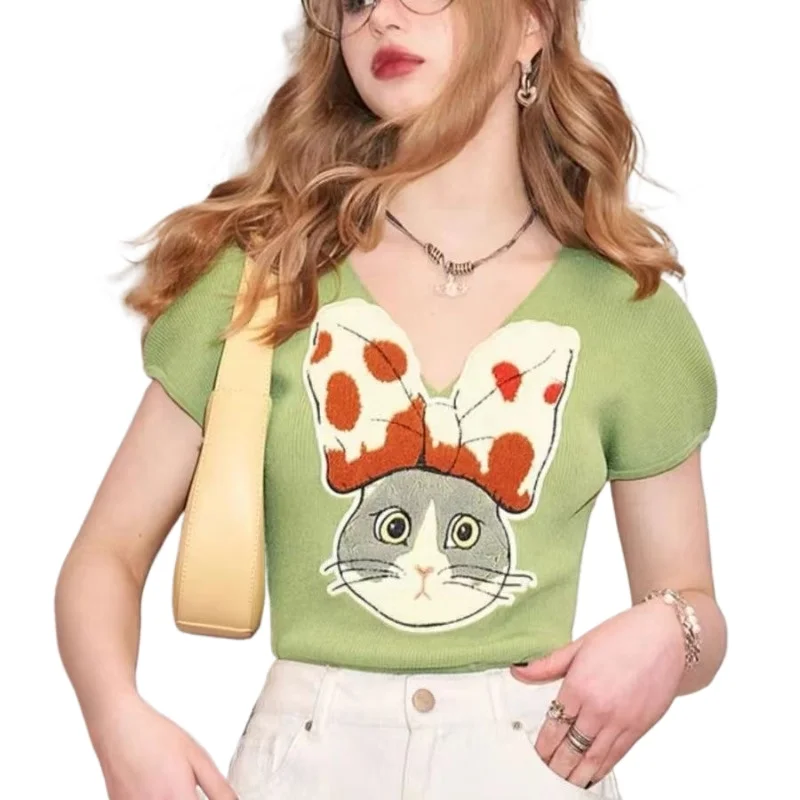 

Womens Flocking Cat Slim Sweater T-Shirt Crop Tops V Neck Short Sleeve Summer Lightweight Comfy Fashion Chic Knitwear Tees