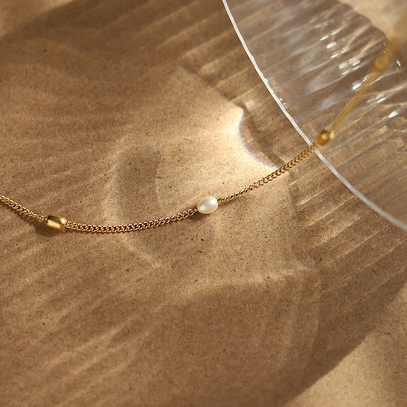 ​Simple Stainless Steel Freshwater Pearl Oval Metal Beaded Chain Necklaces for Women Plated 18k Gold Choker Waterproof Jewelry